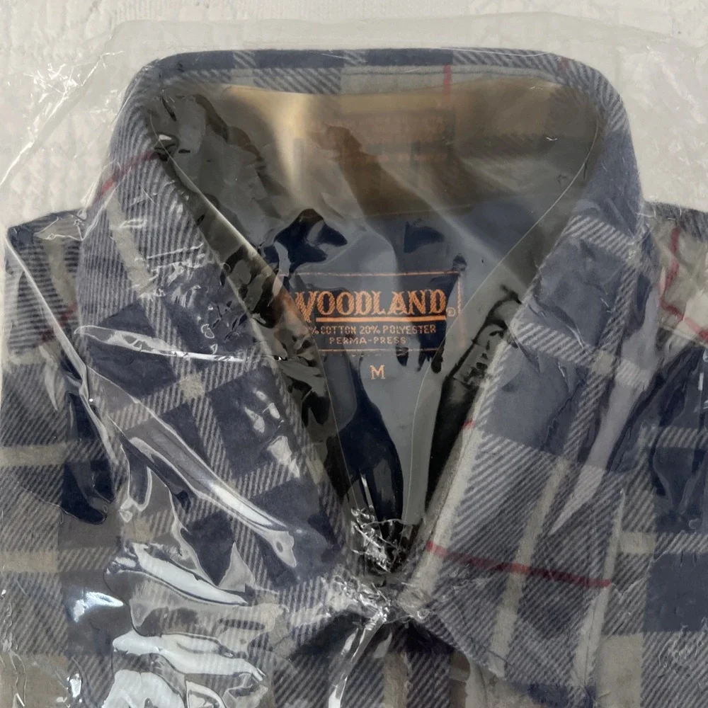 Vintage DEADSTOCK Woodland Brushed Flannel Plaid Perma Medium Blue Shirt Button